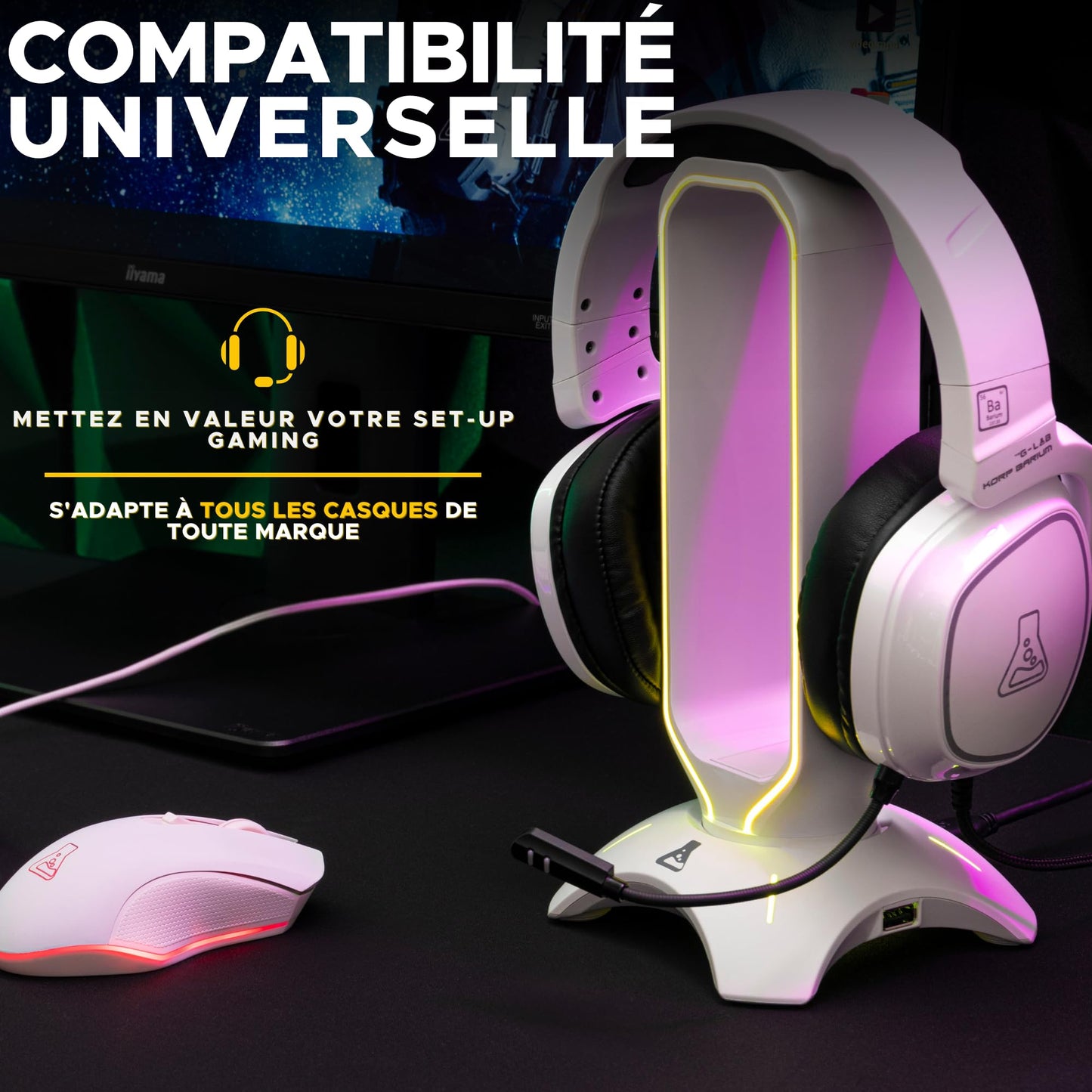 THE G-LAB K-Stand Radon Gaming-Kopfhörerständer mit RGB & USB-Hub, für PC & Konsolen, Weiß
