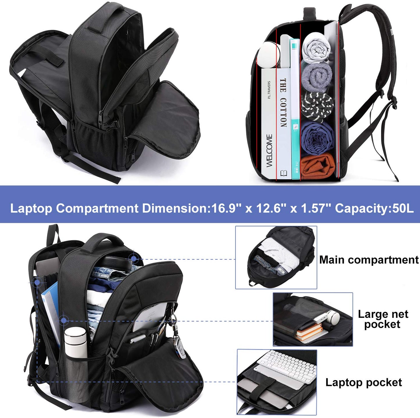 Extra Großer 50L Laptop Rucksack 17 Zoll, wasserdicht, mit USB-Anschluss, für Business & Reisen, Schwarz
