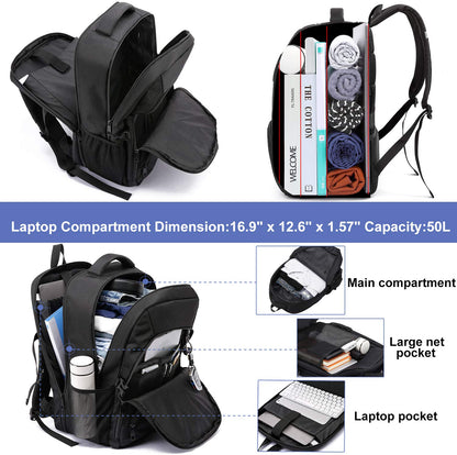 Extra Großer 50L Laptop Rucksack 17 Zoll, wasserdicht, mit USB-Anschluss, für Business & Reisen, Schwarz