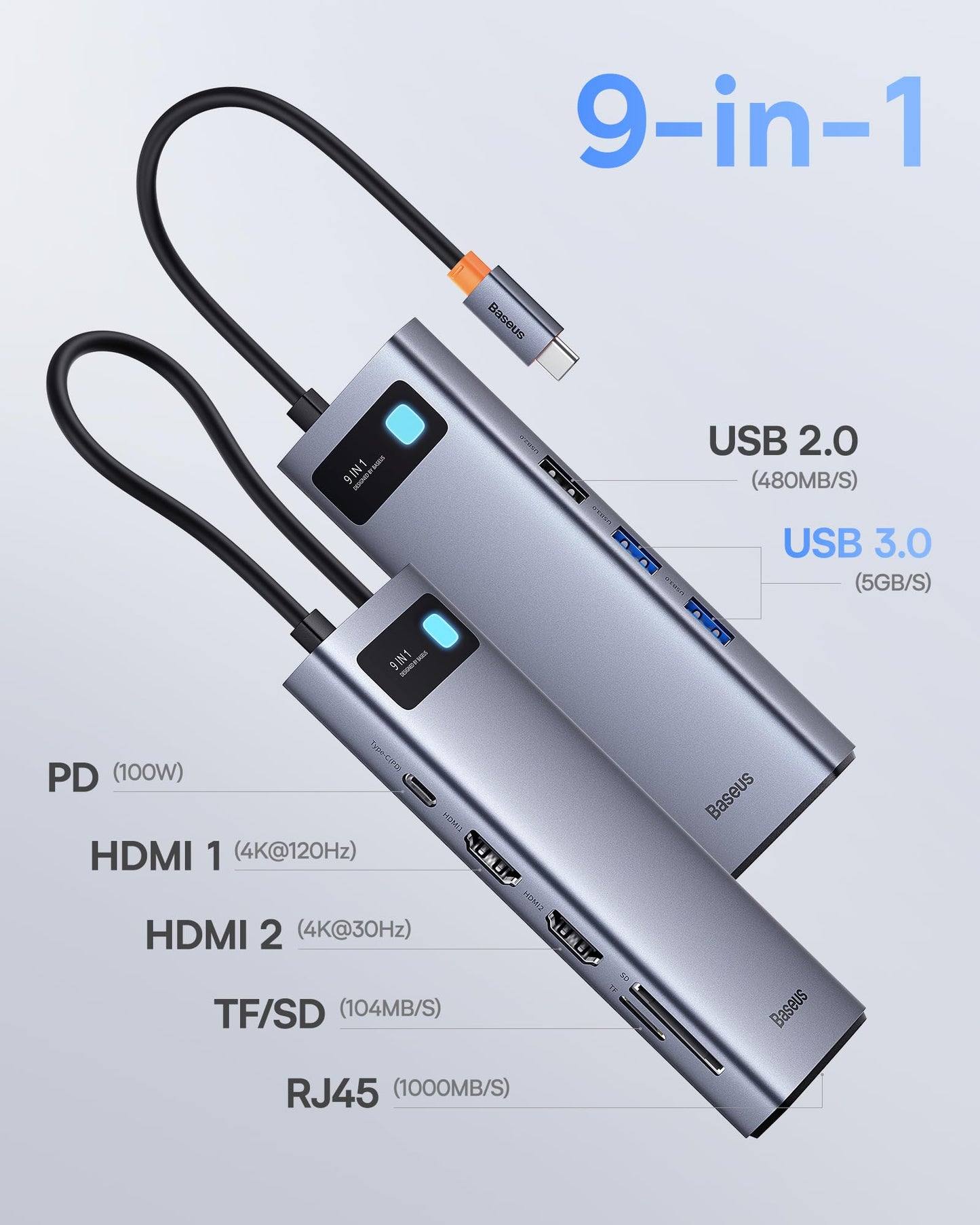 Baseus 9-in-1 USB-C Dockingstation, Dual 4K@120Hz HDMI, Gigabit Ethernet, 100W PD, USB 3.0, SD/TF-Kartenleser
