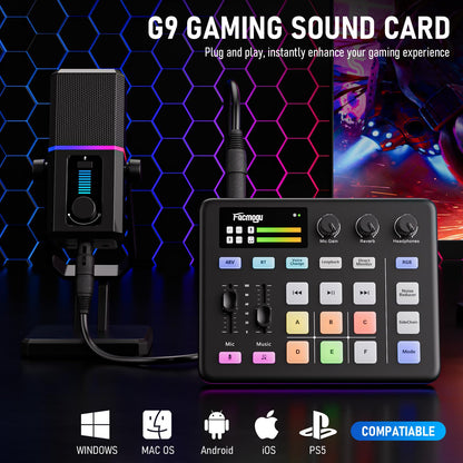 Facmogu G9 Gaming Audio Mixer mit XLR/3.5mm Mic In, 48V Phantom Power, Voice Changer, Bluetooth