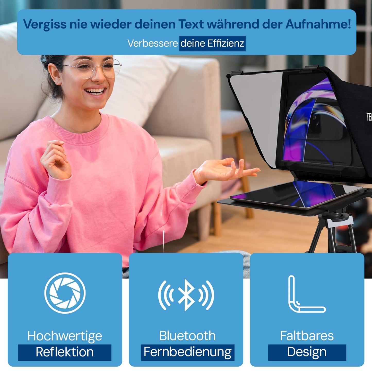 Leeventi Teleprompter für Tablets, Smartphones & DSLR-Kameras, mit Fernbedienung & App-Steuerung