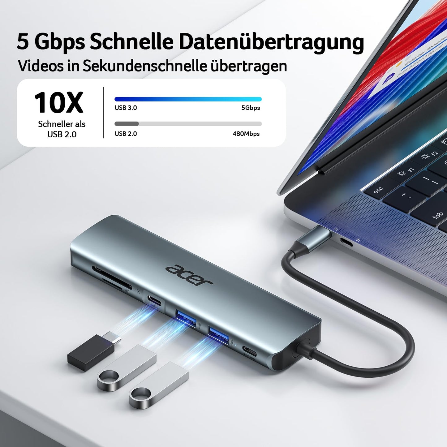 Acer 7-in-1 USB-C Hub aus Aluminium, mit 4K HDMI, USB 3.0 & PD-Ladeanschluss, Grau
