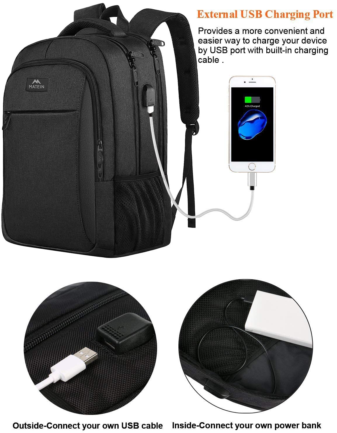 MATEIN Business Laptop Rucksack, 15,6 Zoll, mit USB-Ladeanschluss, wasserabweisend, Schwarz