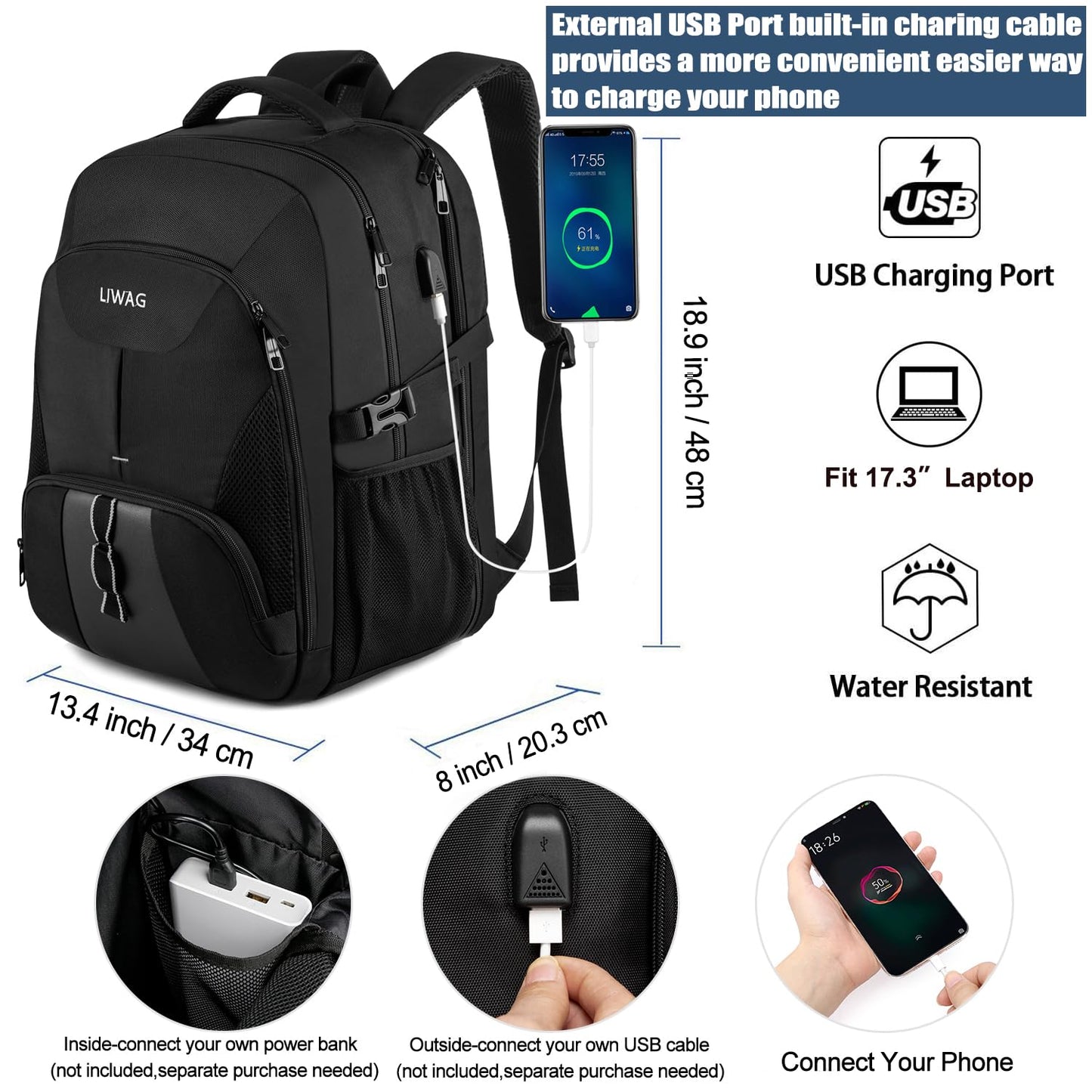 Extra Großer 50L Laptop Rucksack 17 Zoll, wasserdicht, mit USB-Anschluss, für Business & Reisen, Schwarz