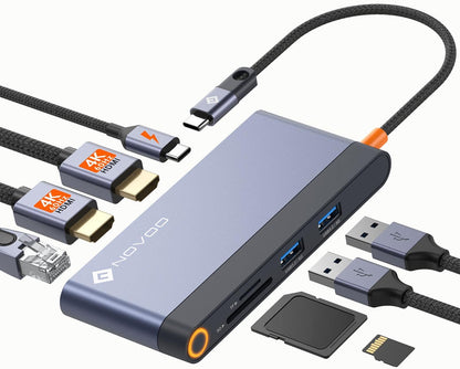 NOVOO 8-in-1 USB-C Dockingstation, Dual HDMI, Gigabit Ethernet, 100W PD, SD/TF-Kartenleser