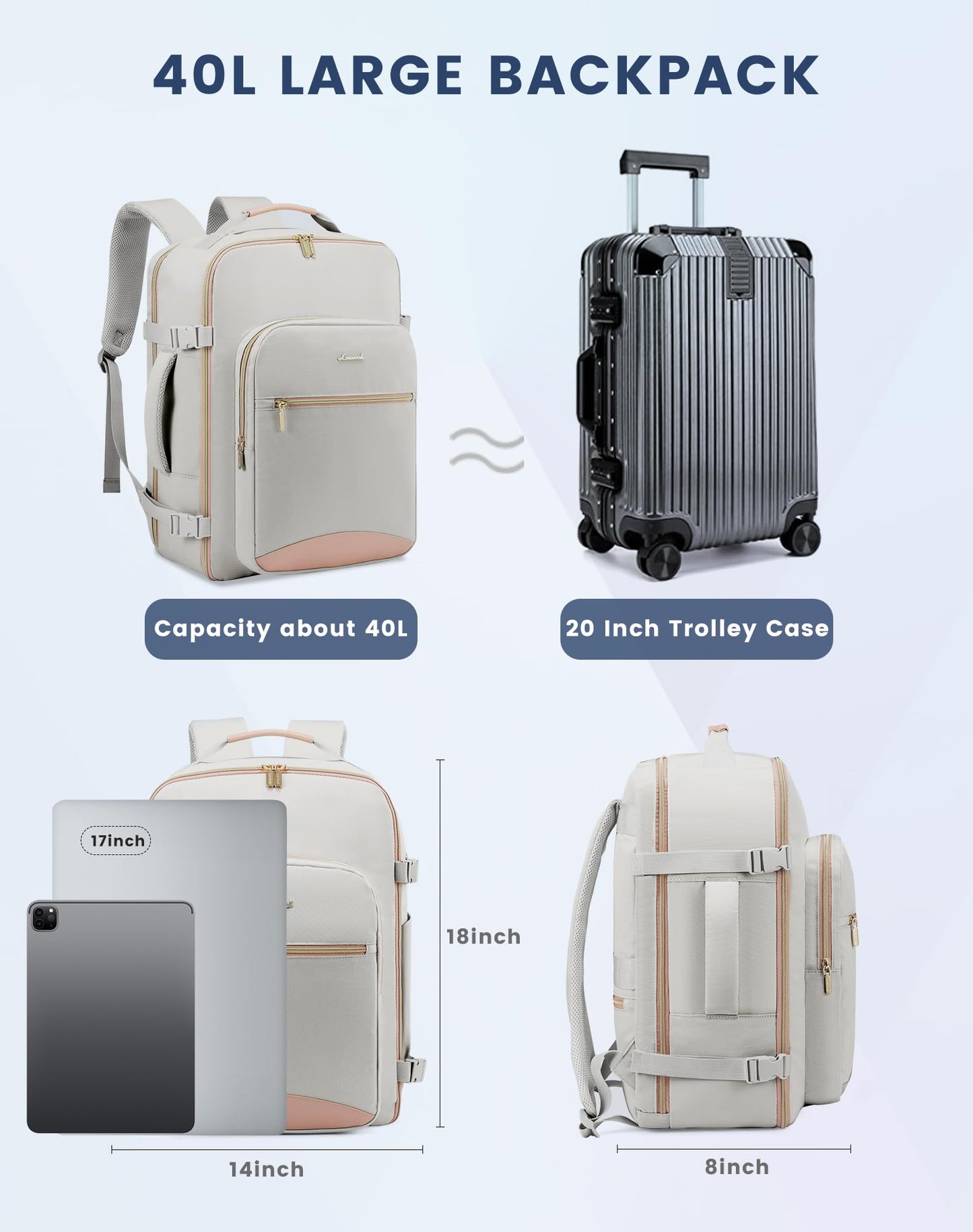LOVEVOOK Handgepäck Reiserucksack 40L, wasserdicht, für 17-Zoll-Laptop, Grau