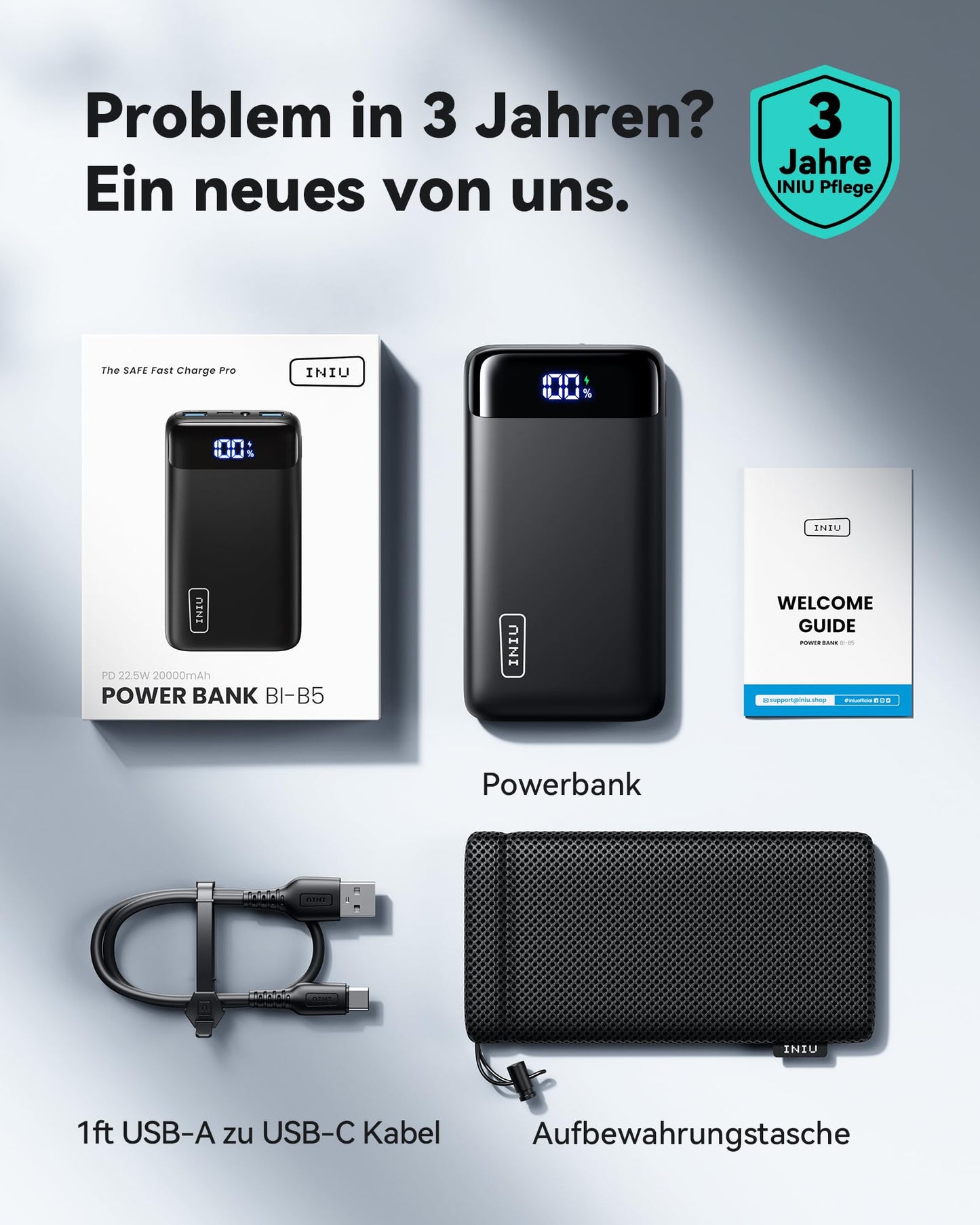 INIU Power Bank 20000mAh, 22.5W Schnellladung, 1x USB-C, 2x USB-A, LED Display, Mini Powerbank für iPhone, Samsung, iPad, Outdoor