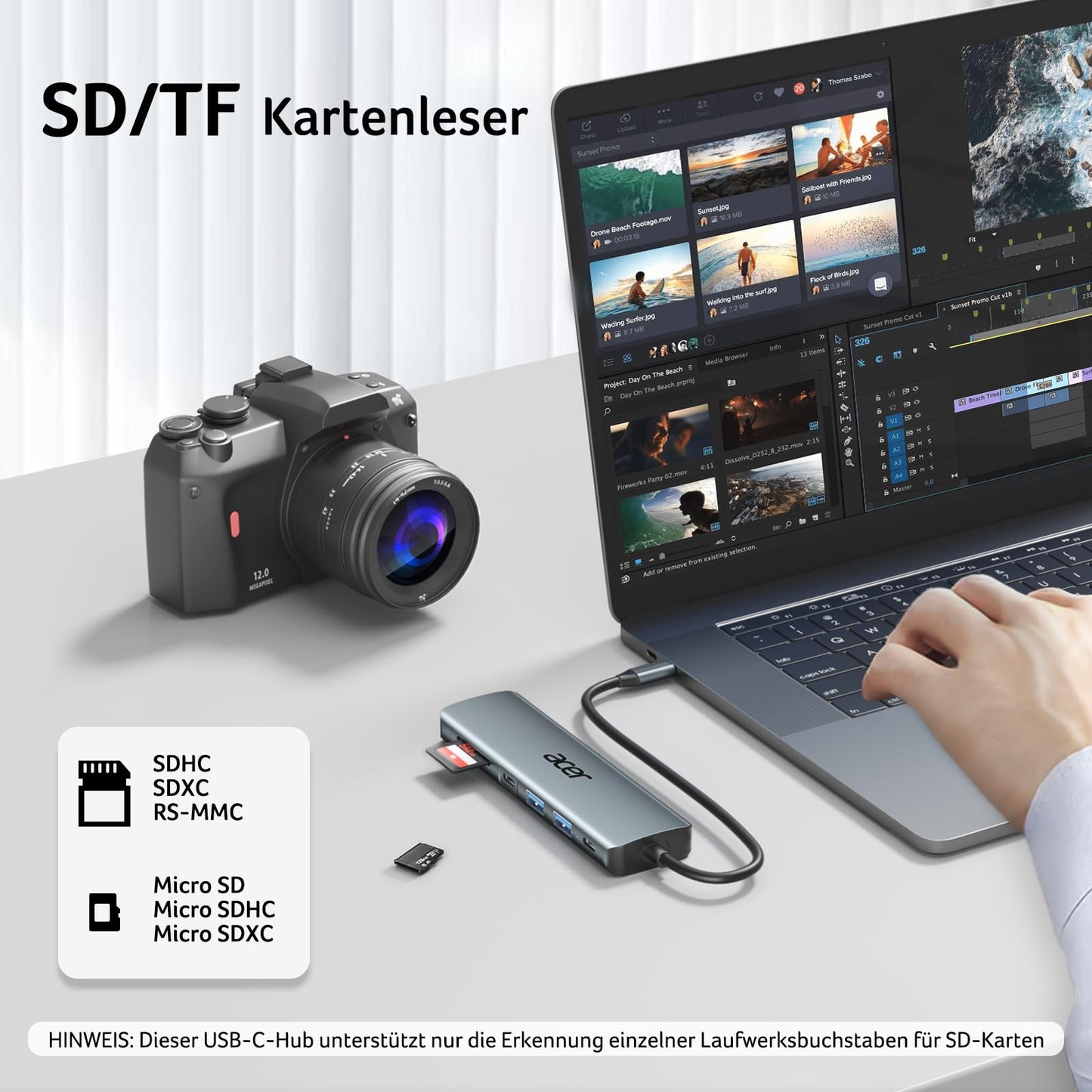 Acer 7-in-1 USB-C Hub aus Aluminium, mit 4K HDMI, USB 3.0 & PD-Ladeanschluss, Grau