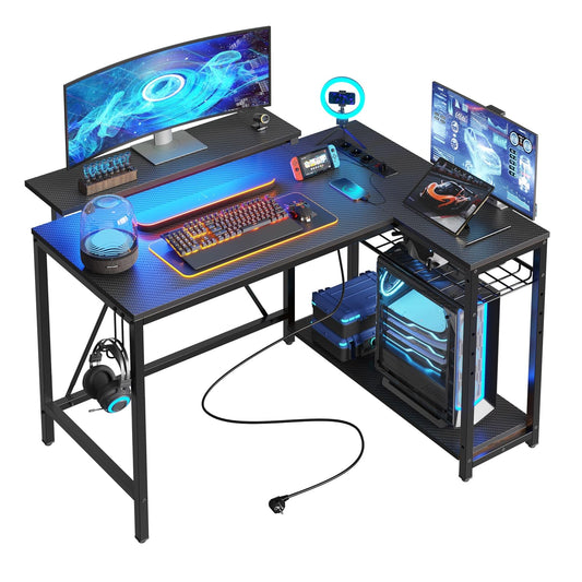 Bestier L-Form Gaming Eckschreibtisch 106,5 cm, umkehrbar, mit LED & Steckdosen, Regale