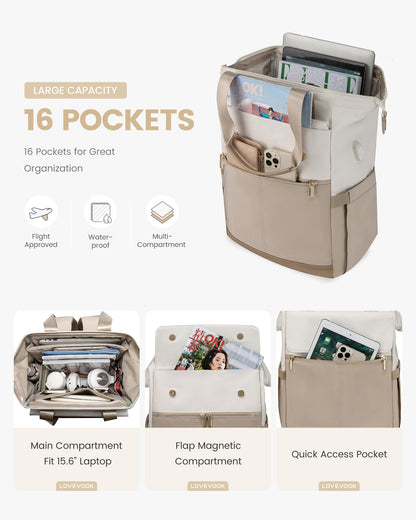 LOVEVOOK Damen Laptop Rucksack 15,6 Zoll, 2in1 Wasserdicht, elegant, für Uni & Büro