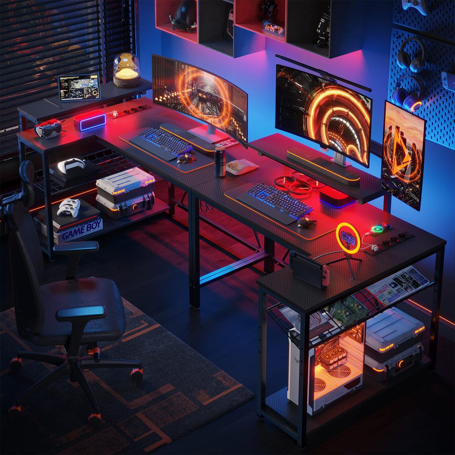 Bestier L-Form Gaming Eckschreibtisch 106,5 cm, umkehrbar, mit LED & Steckdosen, Regale