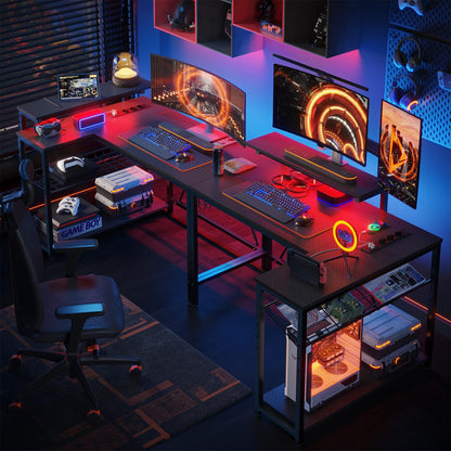 Bestier L-Form Gaming Eckschreibtisch 106,5 cm, umkehrbar, mit LED & Steckdosen, Regale