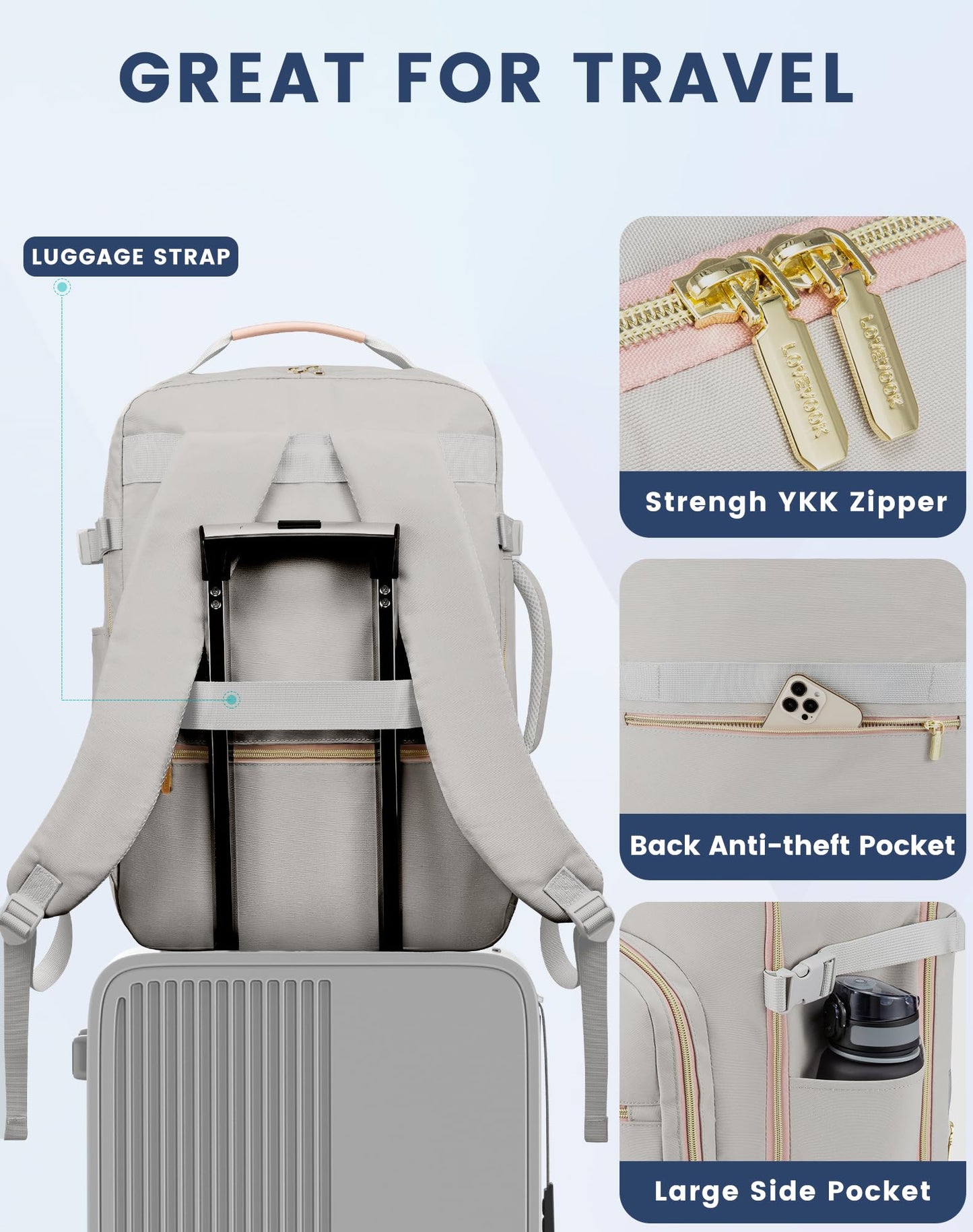 LOVEVOOK Handgepäck Reiserucksack 40L, wasserdicht, für 17-Zoll-Laptop, Grau