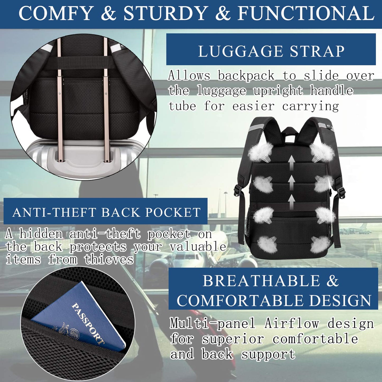 Extra Großer 50L Laptop Rucksack 17 Zoll, wasserdicht, mit USB-Anschluss, für Business & Reisen, Schwarz