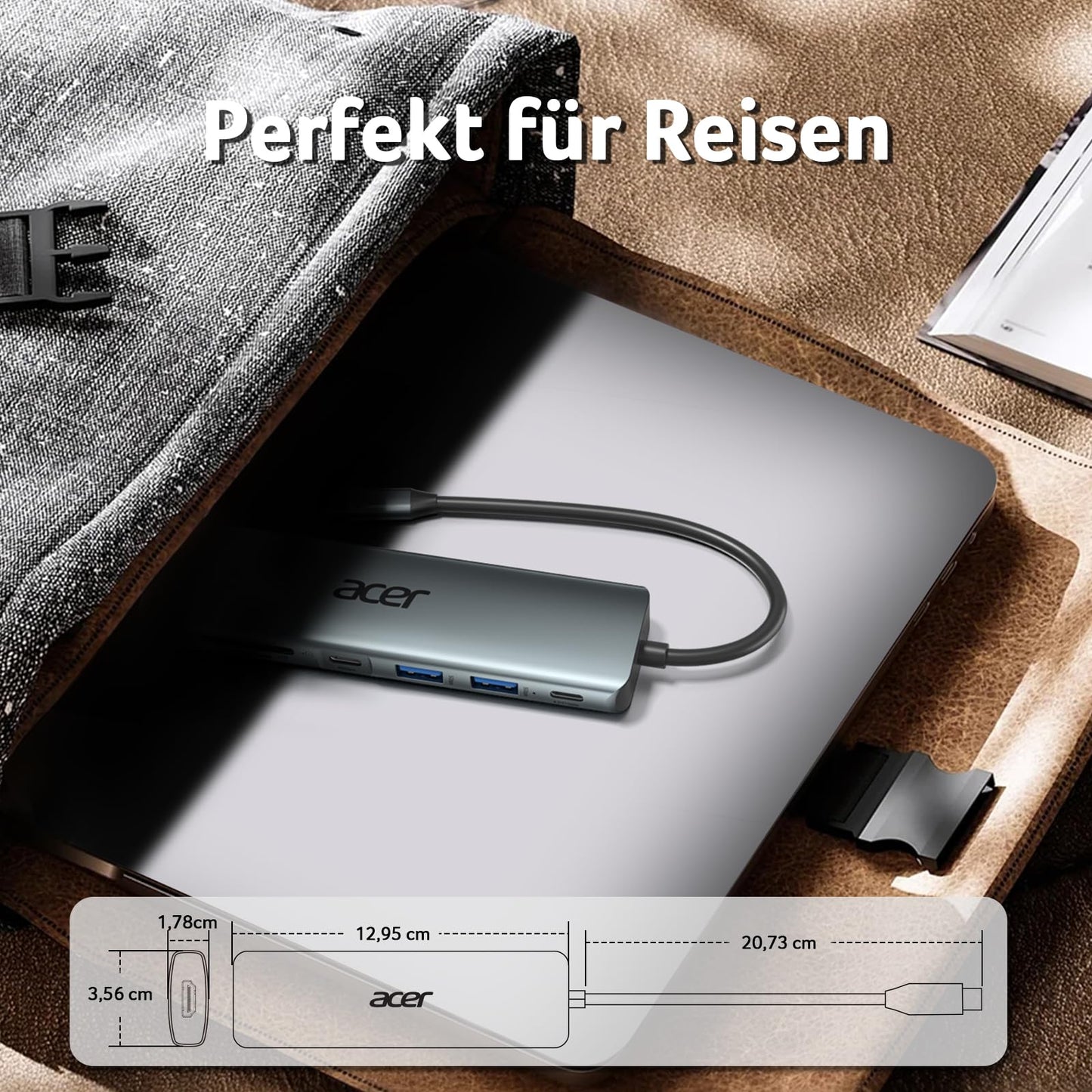 Acer 7-in-1 USB-C Hub aus Aluminium, mit 4K HDMI, USB 3.0 & PD-Ladeanschluss, Grau