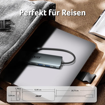 Acer 7-in-1 USB-C Hub aus Aluminium, mit 4K HDMI, USB 3.0 & PD-Ladeanschluss, Grau