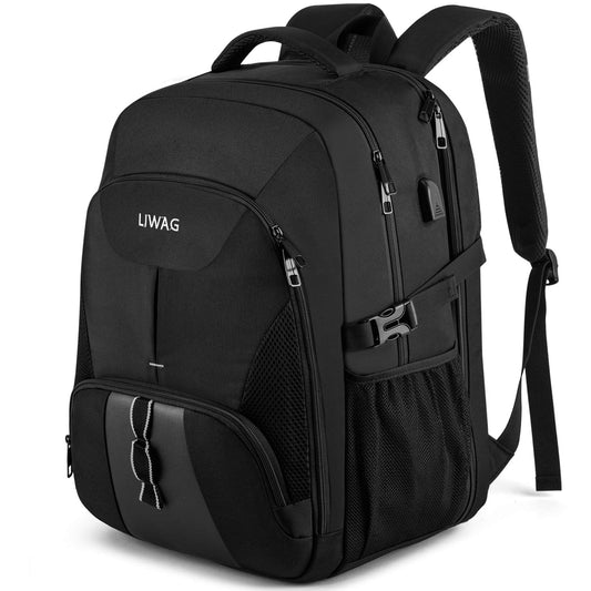 Extra Großer 50L Laptop Rucksack 17 Zoll, wasserdicht, mit USB-Anschluss, für Business & Reisen, Schwarz